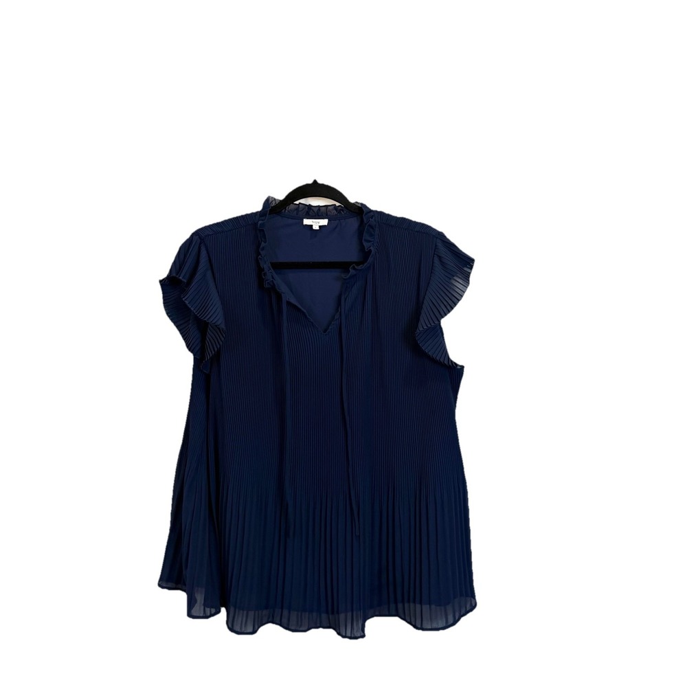 Voy All In The Pleats Blouse Size Large Navy Blue Short Sleeve Pleated Flowy